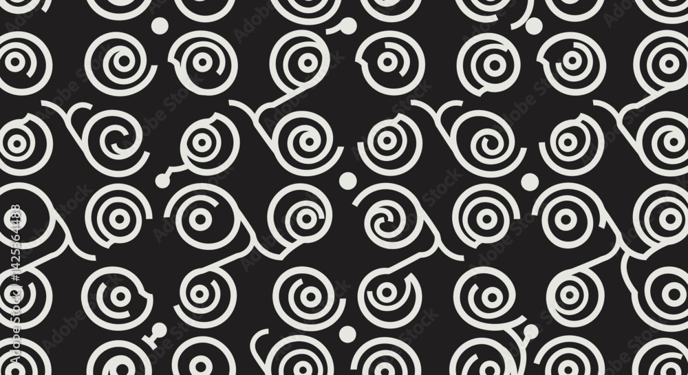 Poster a repeating abstract pattern with white spiral elements stems and dots against a black backdrop