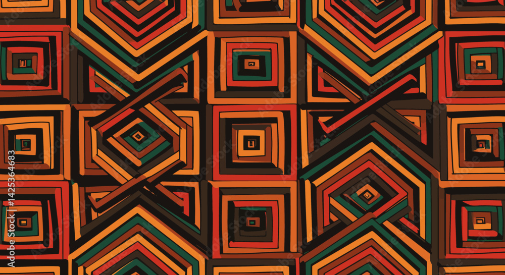 Poster abstract geometric artwork of interconnected squares diamonds and chevrons with earthy tones and lay
