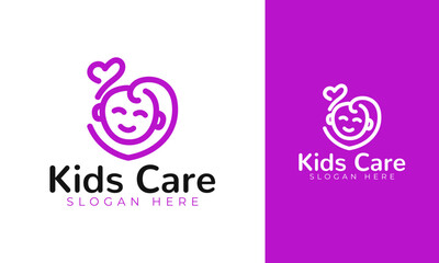 Kids care logo design. Symbol with line and minimal style for baby or kid clinic icon