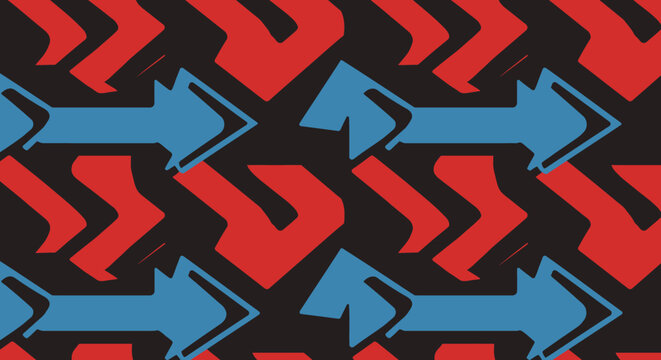 Abstract pattern of blue arrows alternating with red angular zigzags on a black background