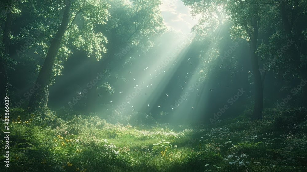 Poster sunlight filtering through trees, illuminating a serene and lush forest glade