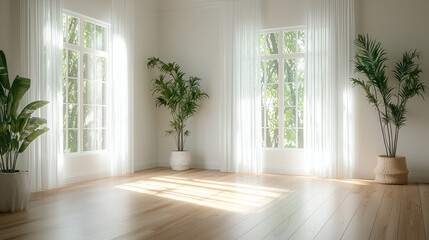 Fototapeta premium bright and airy interior space featuring large windows that allow natural light to flood in, complemented by lush green plants in decorative pots. wooden floor adds warmth to serene atmosphere