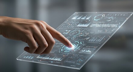 Digital Interface Touch Hand Interacting with Transparent Screen