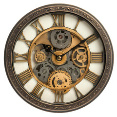 Antique clock showing internal gears and Roman numerals on White or Transparent