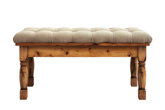 Rustic Wooden Bench with Button Tufting Upholstery a charming addition to any home featuring a neutral toned fabric and solid on transparent background
