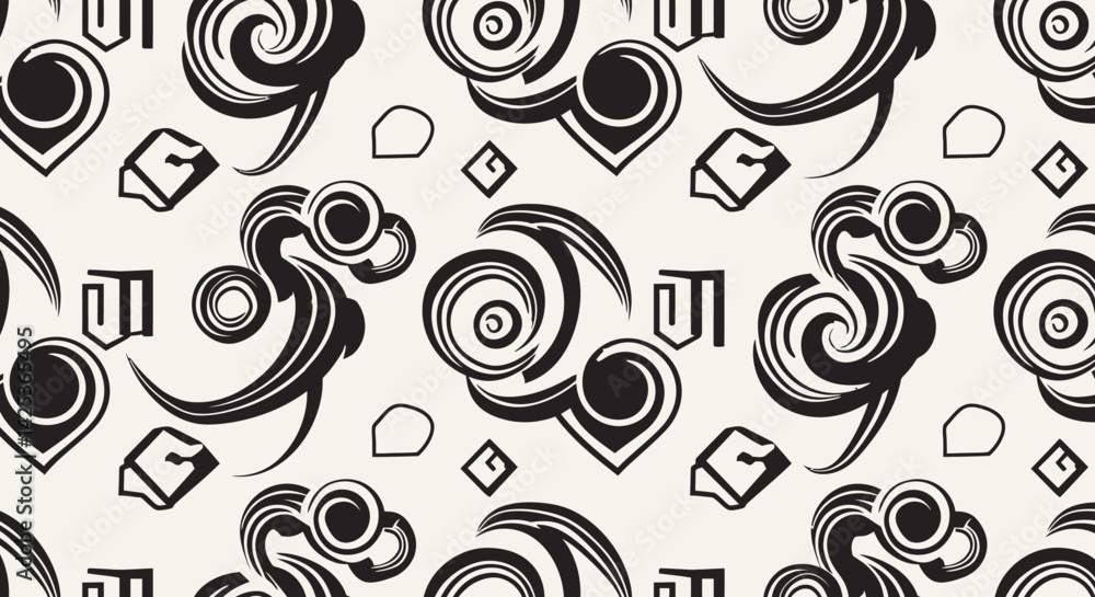 Aufkleber repeating black and white patterns with swirls and shapes scattered across the surface