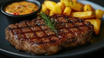 Grilled steak with french fries and sauce
