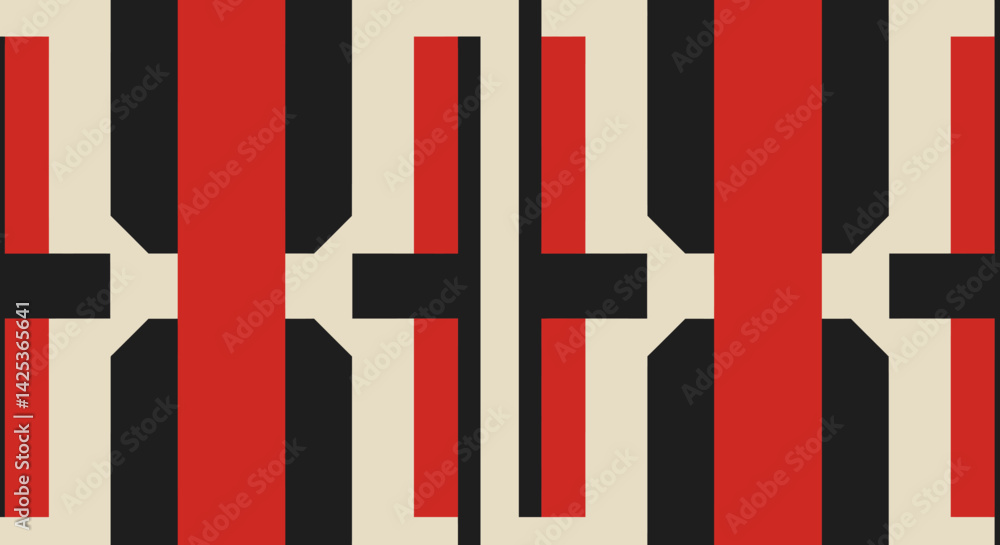 Poster symmetrical graphic of alternating black red and cream colored vertical and horizontal lines with cu