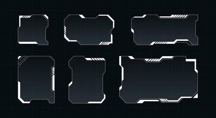 Obraz premium Futuristic HUD frames in a high-tech sci-fi style on grid dark background. Collection for games, cyberpunk or UI UX design. Trendy vector illustration