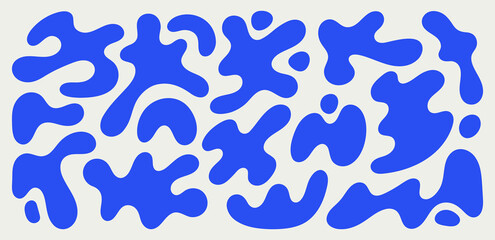 Collection of various abstract liquid shapes in blue on light background. Each shape is unique, with rounded and flowing forms drawing by hand. Vector illustration 