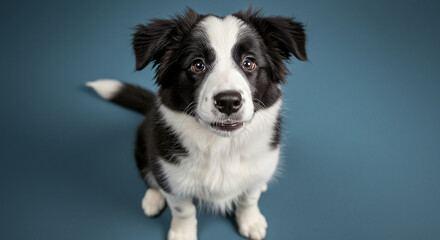 Fototapeta premium Cute Dog Looking Up, Black and White Puppy on Blue Background