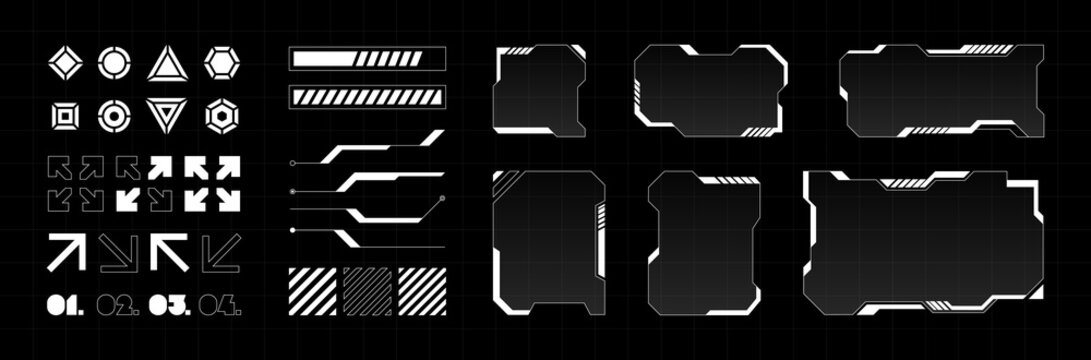 Futuristic HUD elements and interface components including arrows, frames, bars, and shapes in a high-tech sci-fi style. Collection for games, cyberpunk or UI UX design. Trendy vector illustration