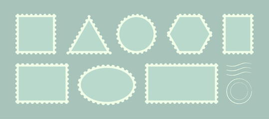 Collection of blank postage stamp in different form and size. Toothed border mailing postal sticker template. Vintage retro badge for poster, banner or template. Vector illustration 
