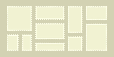Collection of blank postage stamp in different form and size. Toothed border mailing postal sticker template. Vintage retro badge for poster, banner or template. Vector illustration 