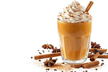 Indulge in a creamy pumpkin spice latte perfectly topped with whipped cream and a cinnamon stick against a dramatic black background The on transparent background