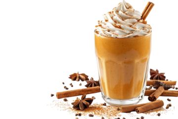 Indulge in a creamy pumpkin spice latte perfectly topped with whipped cream and a cinnamon stick against a dramatic black background The on transparent background