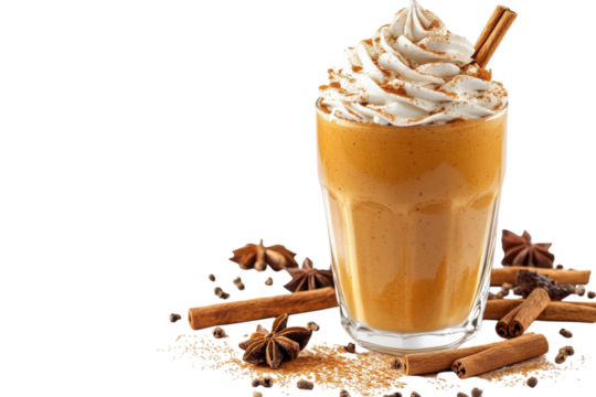 Indulge in a creamy pumpkin spice latte perfectly topped with whipped cream and a cinnamon stick against a dramatic black background The on transparent background - Powered by Adobe