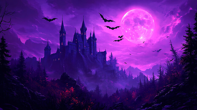 Dark Halloween landscape with a haunted castle and bats in the sky at full moon at night. Halloween wallpaper background illustration in purple and black