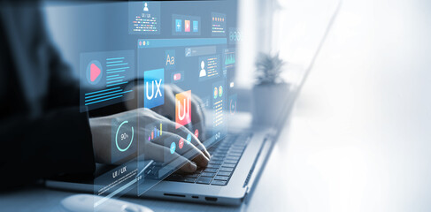 UX-UI design web and user design development.Holographic UIUX, display icons of UX-UI designer,...