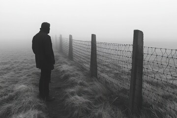 Prisoner standing by a GULAG camp fence, gazing into the distance