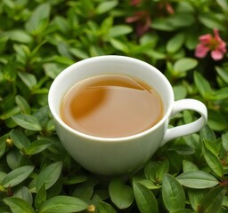 A tea cup on a green tea garden
