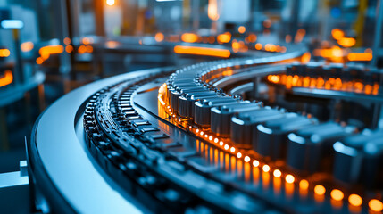 Description: A close-up view of a manufacturing line mass-producing batteries. The industrial setting emphasizes modern automation and the growing demand for efficient energy storage solutions
