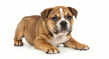 Obraz premium Puppy Lying Down Looking Up on White Background