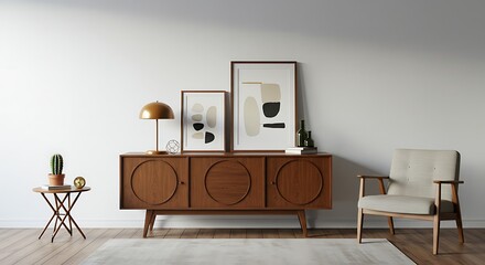 Mid-Century Modern Living Room Design  Warm Wood Accents and Abstract Art