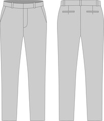 Technical flat drawing of classic trousers with pockets. Casual fashion technical illustration. Front and back view, unisex men's and women's trousers.