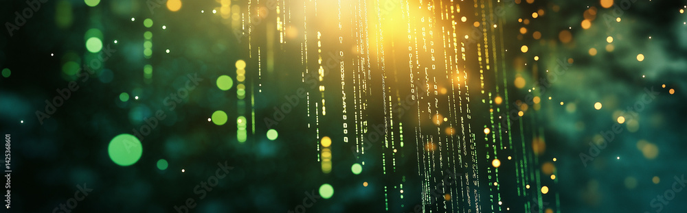 Aufkleber abstract background with blurred green and yellow bokeh lights and digital matrix rain effect