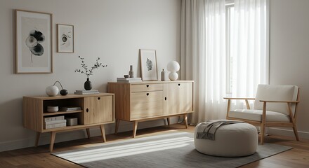 Serene Minimalist Living Room Design Light Wood Furniture, Neutral Palette, and Natural Light