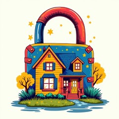 Vibrant illustration of a safe lock overlaying a suburban house, featuring bold colors, intricate outlines, and whimsical patterns with a light neutral background