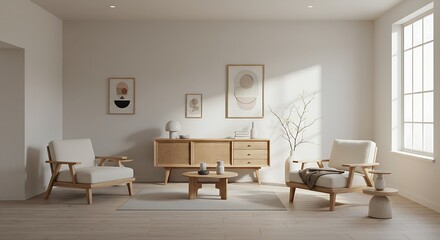 Fototapeta premium Serene Minimalist Living Room Design Light Wood Furniture, Neutral Palette, and Natural Light