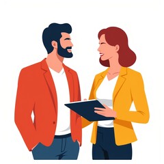 Team leader welcoming intern with a smile and notepad in a modern flat vector design style featuring a vibrant color palette