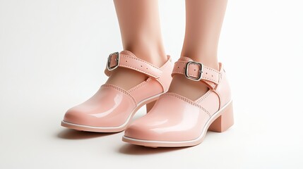 Naklejka premium A pair of stylish light pink patent leather Mary Jane shoes with a low block heel are shown on a woman's feet against a white background.