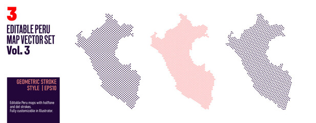 Peru vector map set with geometric strokes and halftone style. Ideal for modern design, editorial use, and creative projects.