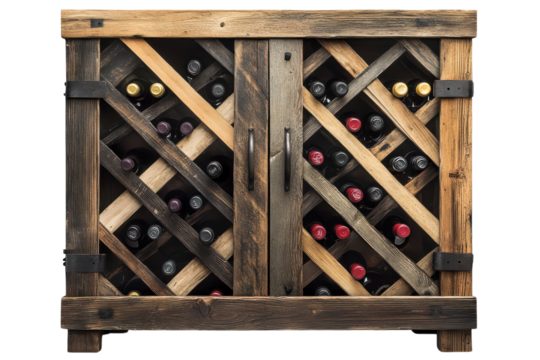 Rustic reclaimed wood wine rack cabinet holding bottles showcasing a unique crisscross design dark rich tones and sturdy build on transparent background