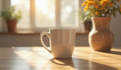 White Mug Mockup on Wooden Table with Natural Light