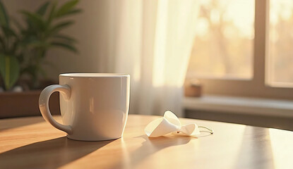 White Mug Mockup on Wooden Table with Natural Light