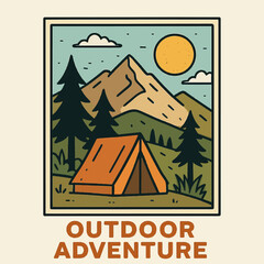 Camping Scene with Tent and Mountain in a Framed Illustration