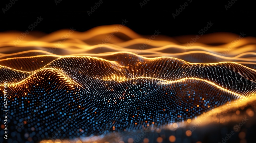 Poster abstract digital landscape with illuminated waveforms in glowing gold and blue hues representing dat