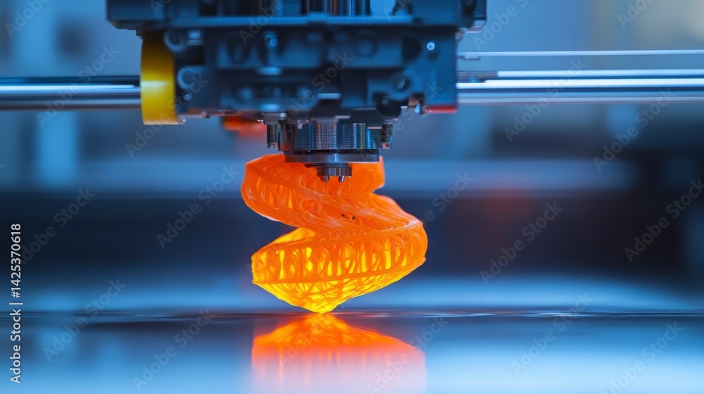 Poster close-up of 3d printer creating an orange spiral object.