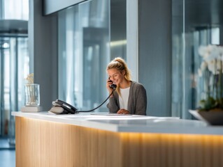 Cheerful woman talking on the phone at a modern reception desk, representing excellent customer service and communication. Ideal for hospitality, corporate, and business-related content.