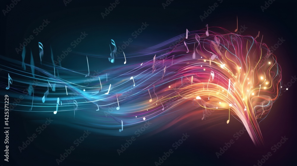 Poster creative representation of a happy brain with music notes and vibrant light flow embodying joy and i