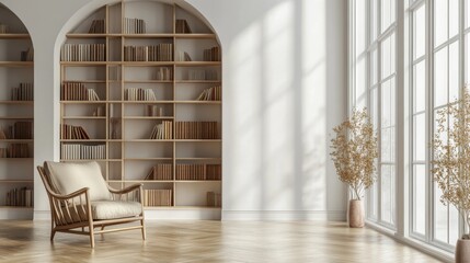 Serene Reading Nook: Sunlight streams into a minimalist room, highlighting a comfy armchair nestled beside expansive bookshelves filled with countless stories.