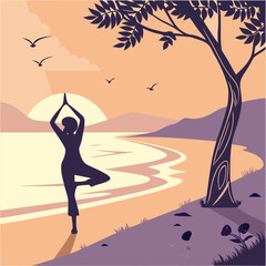 Beach Yoga at Sunrise Vector – Peaceful Woman in Tree Pose by the Ocean

