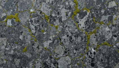 Close-up of cracked stone surface with green moss accents.