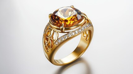 A stunning gold features a large radiant yellow gemstone encircled by a delicate filigree design accented with sparkling diamonds showcasing exquisite craftsmanship and