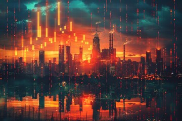 Naklejka premium Economic growth theme illustrated with layered upward-trending arrows and blended GDP charts alongside industrial skyline silhouettes and cloud overlays. Economic concept