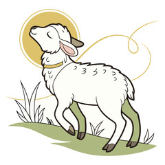 Cute Cartoon Lamb with Halo and Sun – Eid al-Adha Sacrificial Animal Illustration